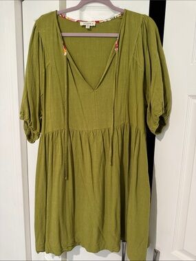 Umgee Olive Green V-Neck Peasant Tunic Dress